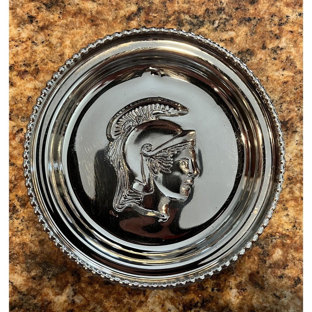 MERCURY‎ GLASS ROMAN/SPARTAN SOLDIER COASTERS WITH SILVER RIM SET OF 4  VINTAGE